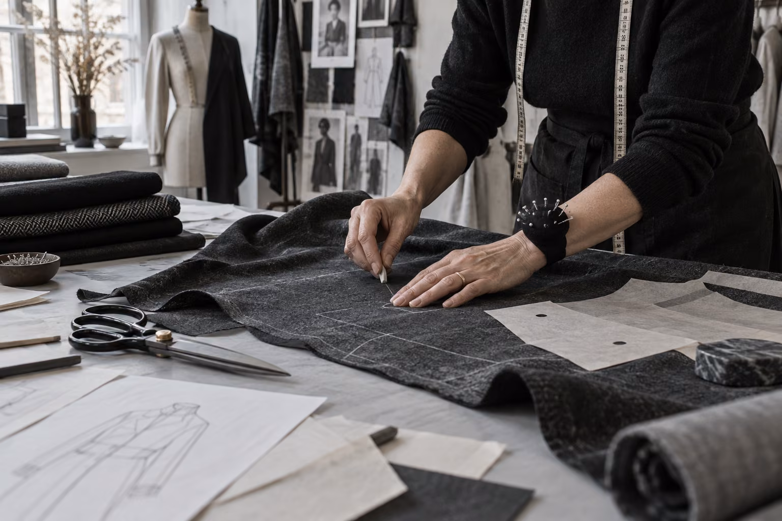Hands marking a wool garment pattern in the VELOR atelier